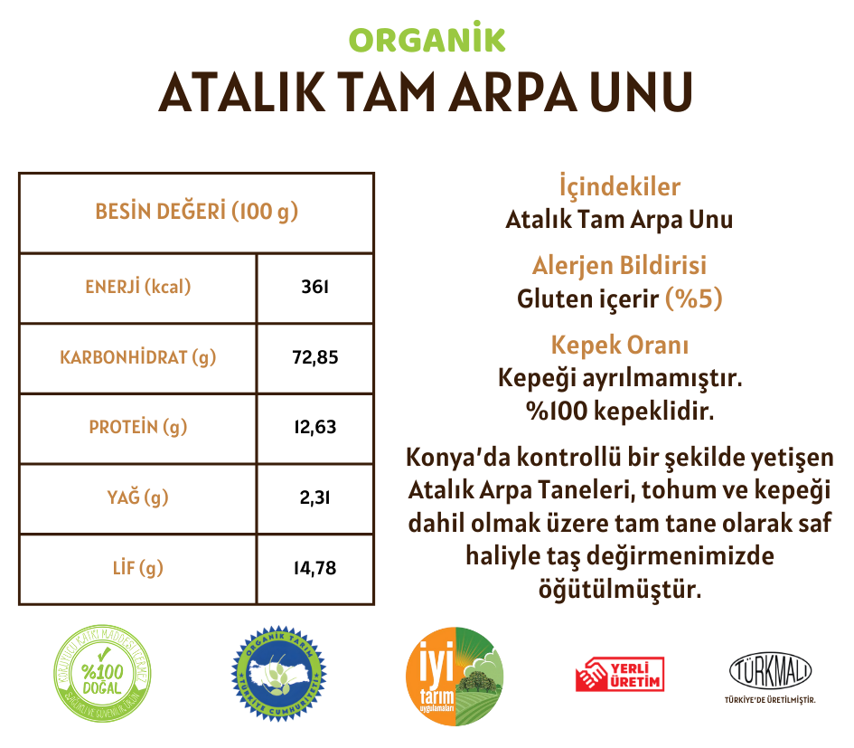 Organik Atalık Tam Arpa Unu - 20 Kilo
