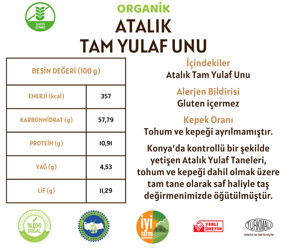 Organik Atalık Tam Yulaf Unu (Gluten İçermez) - 20 Kilo