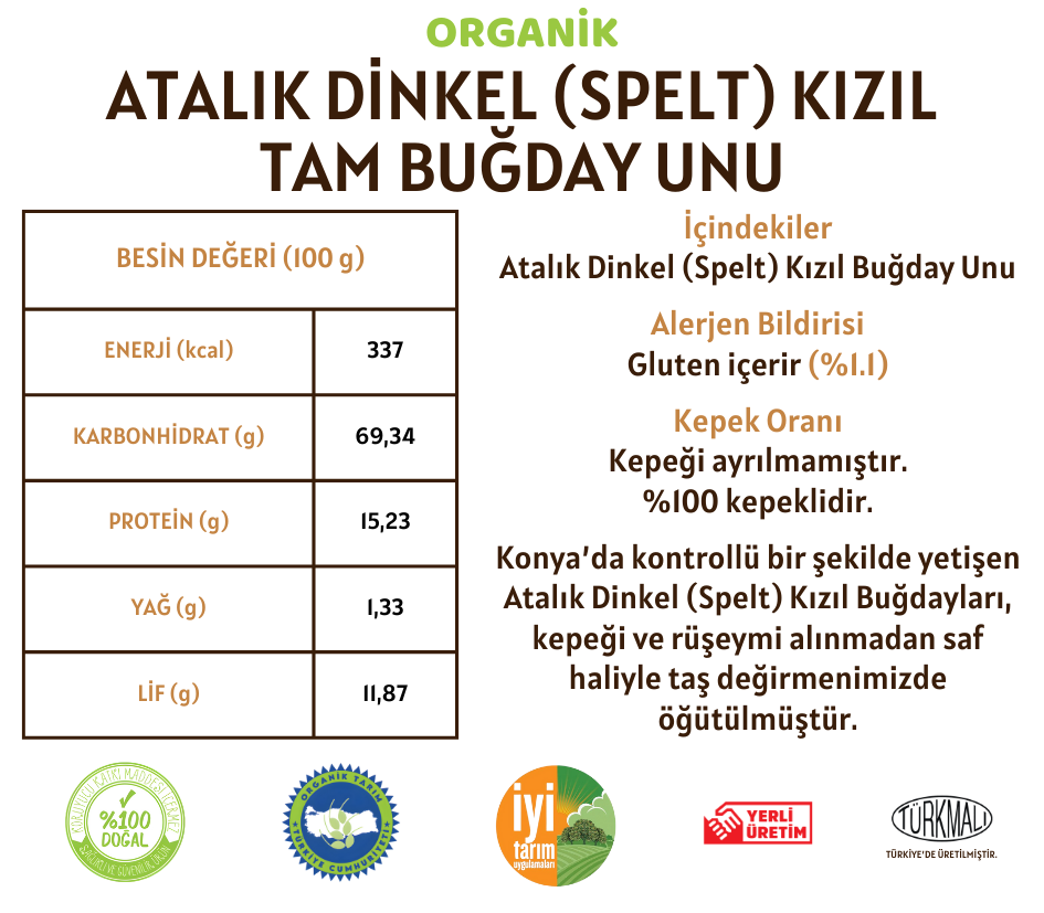 Organik Atalık Dinkel Spelt Kızıl Tam Buğday Unu - 5 Kilo