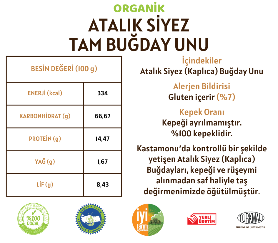 Organik Atalık Siyez Tam Buğday Unu - 1 Kilo