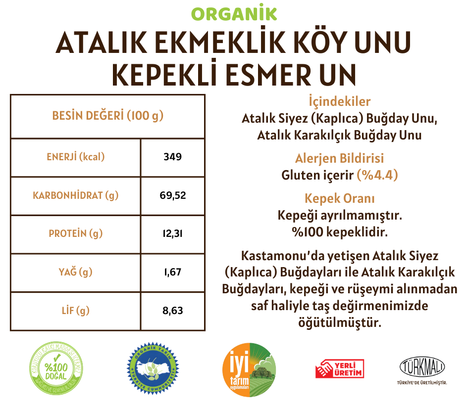 Organik Atalık Ekmeklik Köy Unu - Kepekli Esmer Un - 1 Kilo