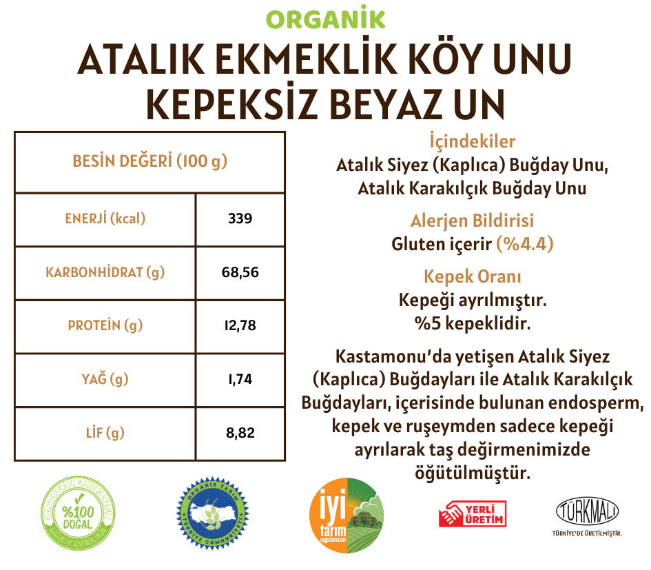 Organik Atalık Ekmeklik Köy Unu - Kepeksiz Beyaz Un - 10 Kilo