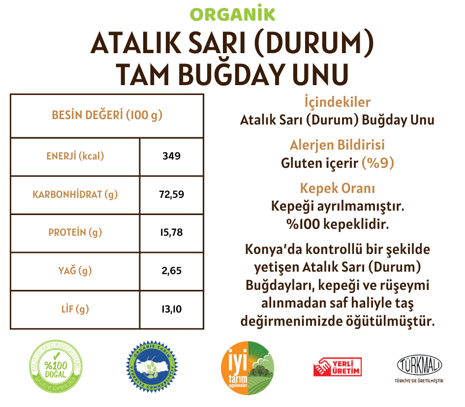 Organik Atalık Sarı Durum Tam Buğday Unu - 5 Kilo