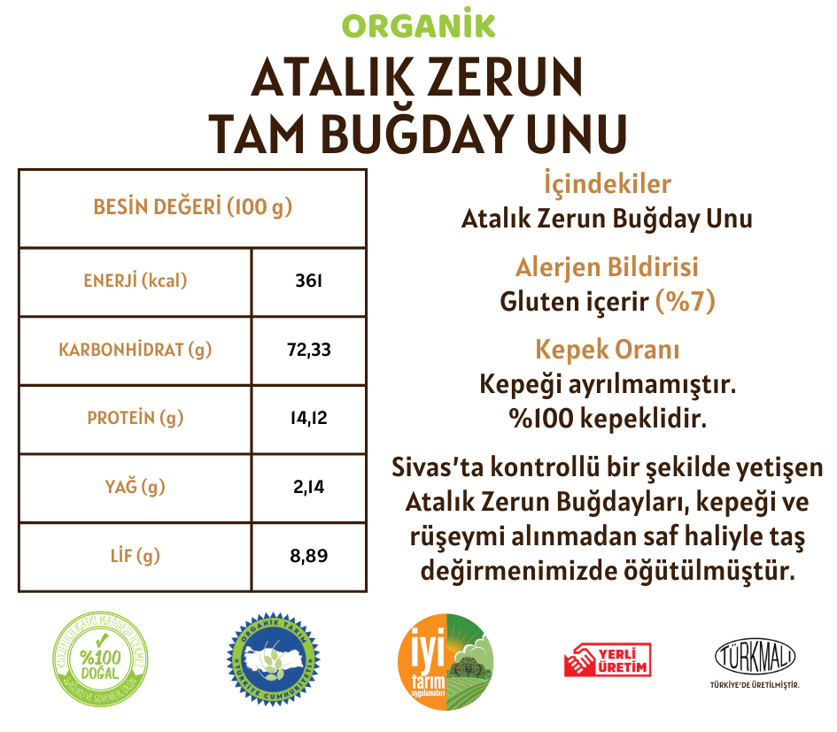 Organik Atalık Zerun Tam Buğday Unu - 20 Kilo