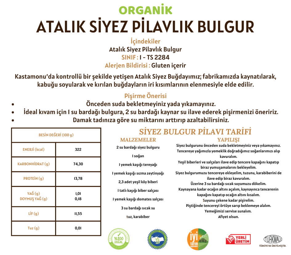 Organik Atalık Siyez Pilavlık Bulgur - 1 Kilo