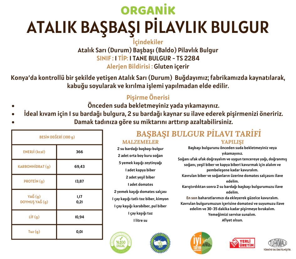 Organik Atalık Başbaşı Pilavlık Bulgur - 1 Kilo