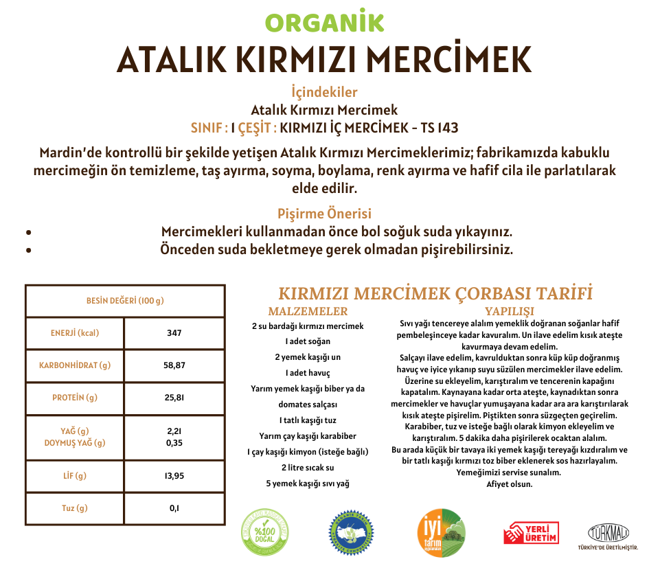 Organik Atalık Kırmızı Mercimek - 1 Kilo