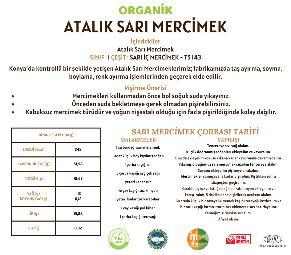 Organik Atalık Sarı Mercimek - 1 Kilo