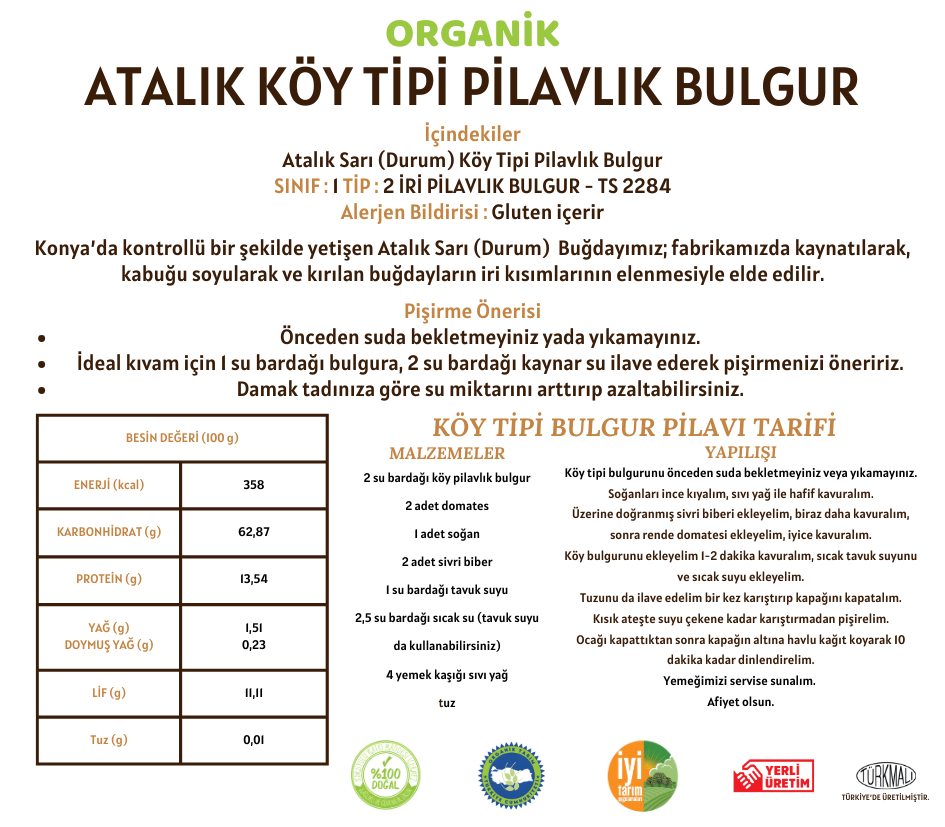Organik Atalık Köy Tipi Pilavlık Bulgur - 5 Kilo