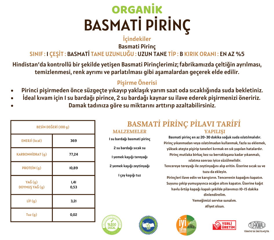 Organik Basmati Pirinç - 5 Kilo