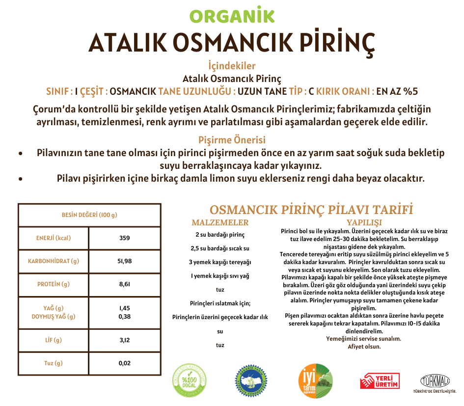 Organik Atalık Osmancık Pirinç - 5 Kilo