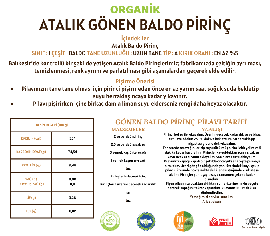 Organik Atalık Gönen Baldo Pirinç - 5 Kilo